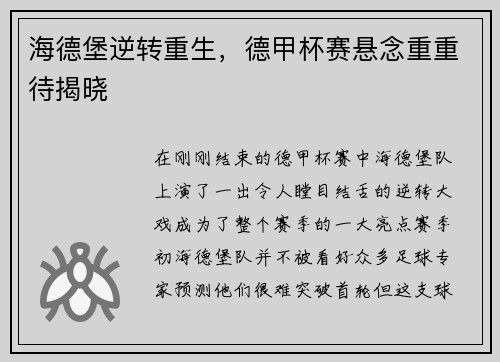 海德堡逆转重生，德甲杯赛悬念重重待揭晓