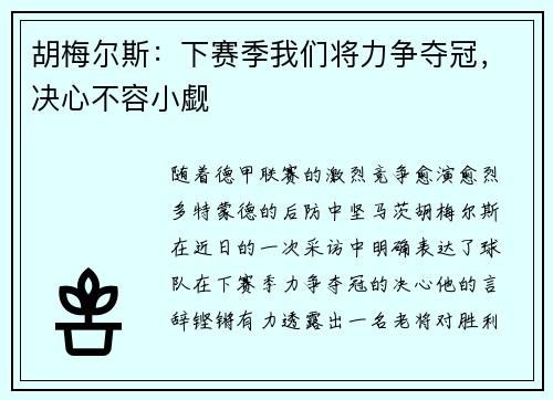 胡梅尔斯：下赛季我们将力争夺冠，决心不容小觑
