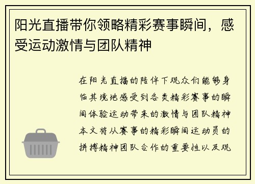 阳光直播带你领略精彩赛事瞬间，感受运动激情与团队精神